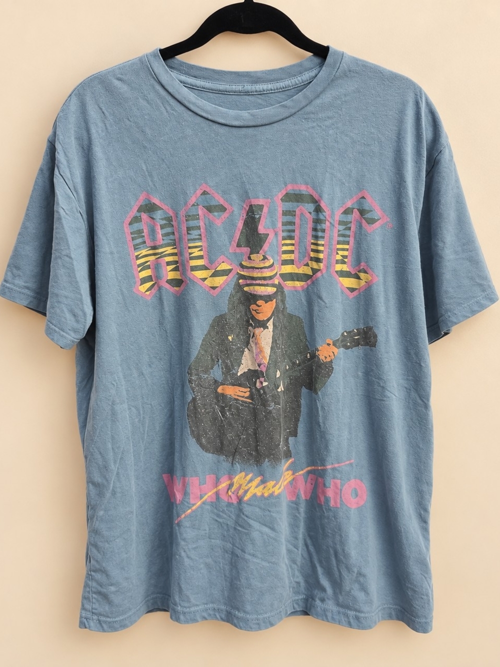 AC/DC Who Made Who 1986 Tour Graphic T Shirt XL Distressed Blue 2021 Licensed